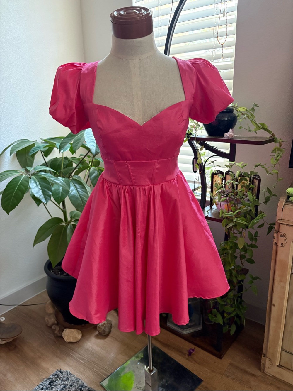 Windsor Hot Pink Puff Sleeve Taffeta Skater Mini Dress